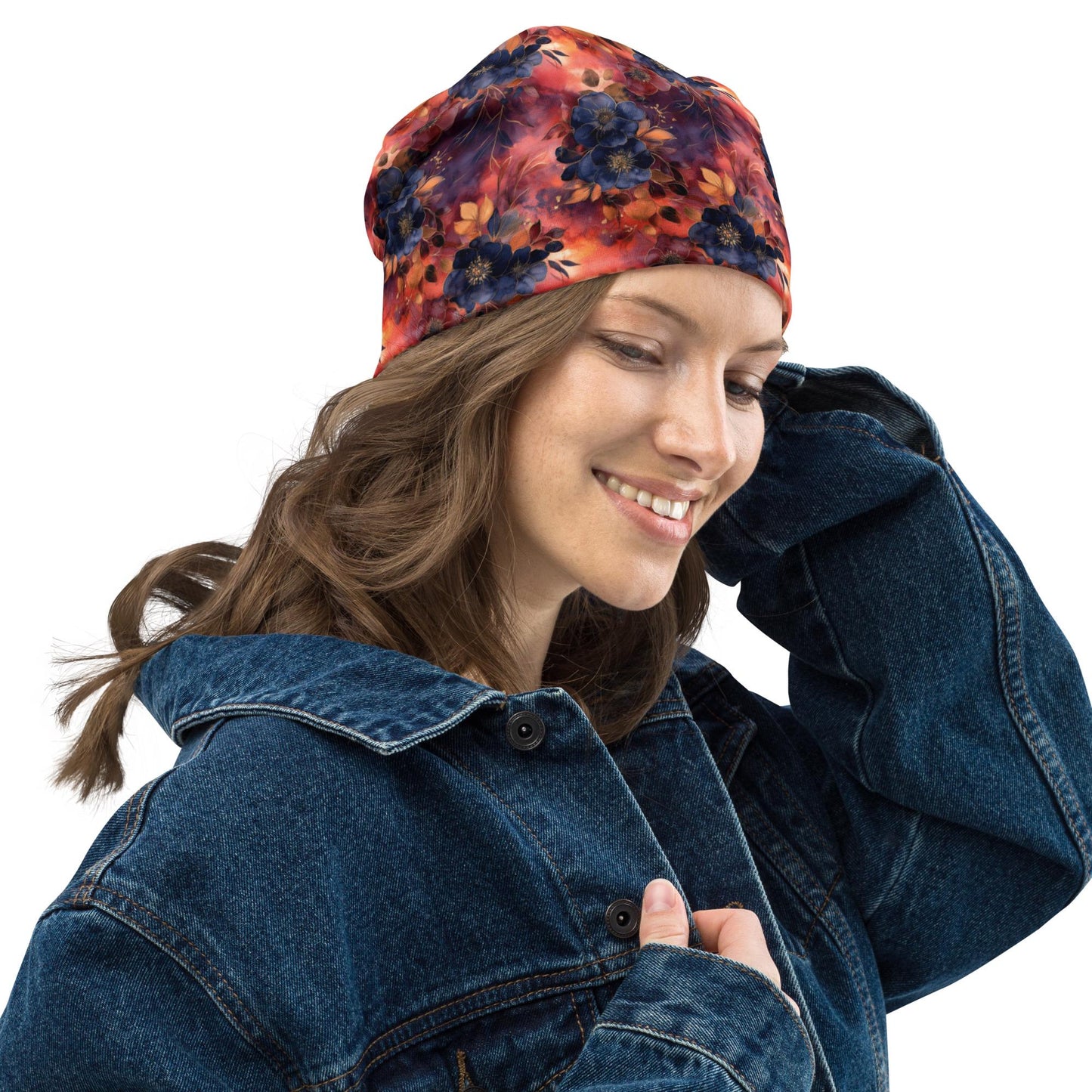 Midnight Ember Floral Slouchy Beanie – Thin Stretchy Lightweight Skull Cap for Men & Women in Deep Navy and Warm Red Blooms