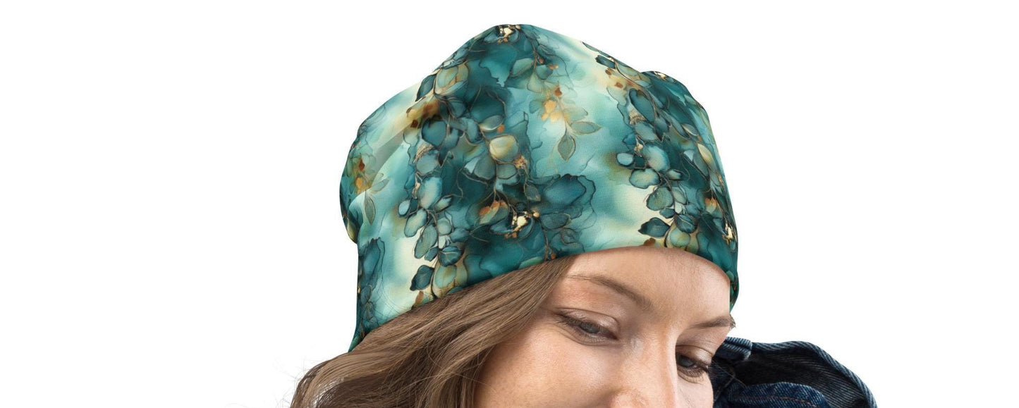 Botanical Vines Slouchy Beanie – Teal Floral Bonnet, Soft Thin Stretchy Skull Cap for Men & Women, Watercolor Nature Print Hat