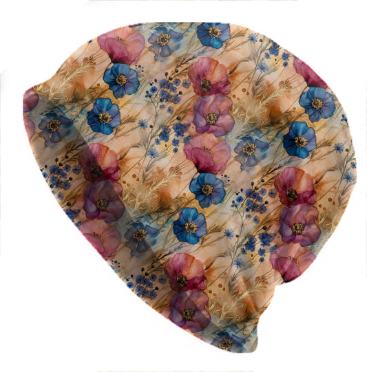 Boho Poppy Cornflower Beanie – Thin Soft Floral Slouchy Hat with Watercolor Meadow Print, Made to Order Women’s Hat, Men’s Beanie
