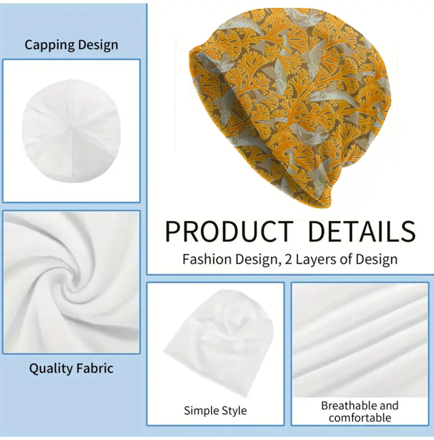 Maurice Pillard Seaweed & Fish Beanie – Art Nouveau Ocean Print Hat, Golden Coral, Blue Fish Pattern, Soft Lightweight Botanical Cap