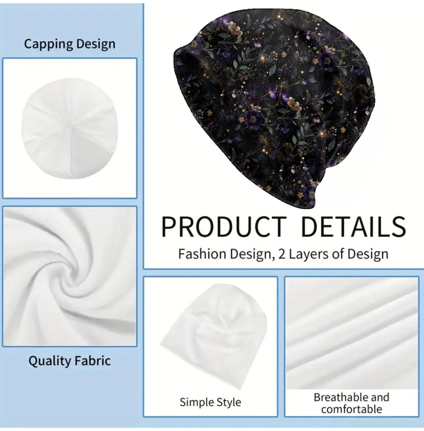 Dark Enchanted Slouchy Beanie – Midnight Floral Bonnet, Soft Thin Stretchy Skull Cap for Men & Women, Mystical Botanical Print Hat