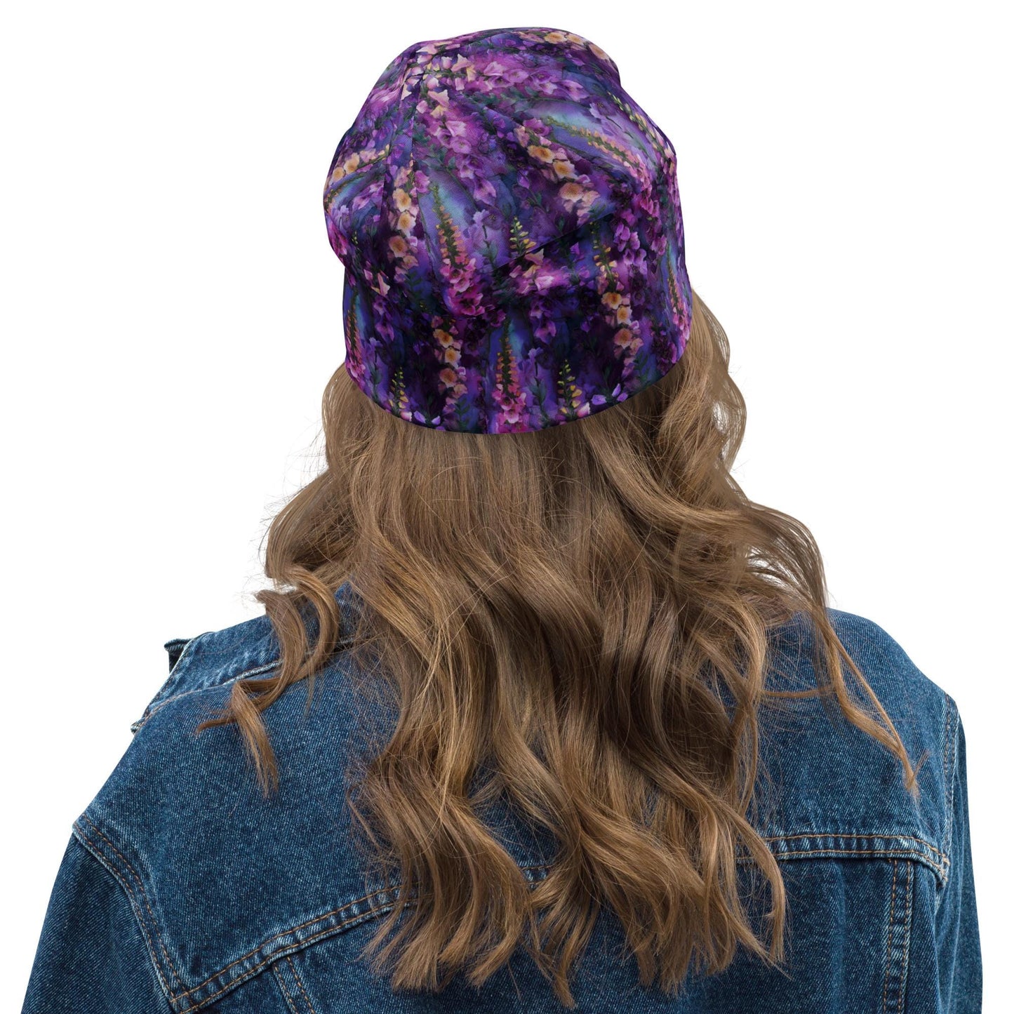 Lilac Rose Foxgloves Slouchy Beanie – Thin Stretchy Unisex Skull Cap for Men & Women, Purple Botanical Bonnet, Soft Lightweight Floral Hat