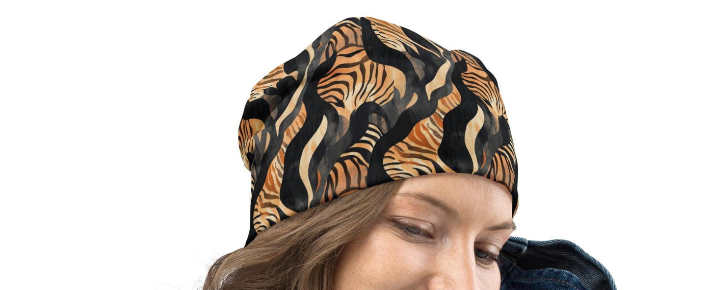 Abstract Tiger Print Slouchy Beanie – Wild Striped Bonnet, Soft Thin Stretchy Skull Cap for Men & Women, Modern Safari Pattern Hat