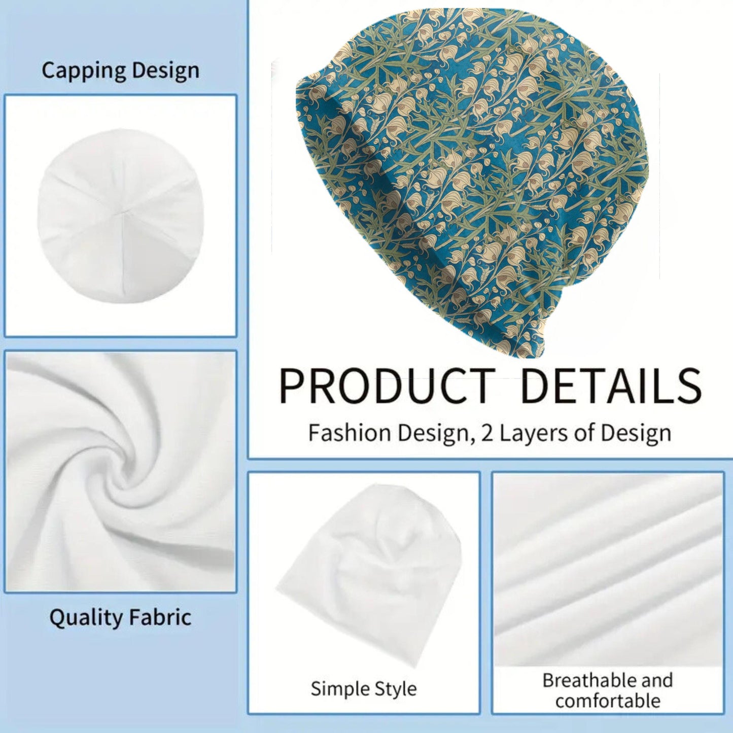 Maurice Pillard Monk’s Hood Beanie – Art Nouveau Blue Floral Slouch Hat, Vintage Botanical Cap, Soft Lightweight Beanie