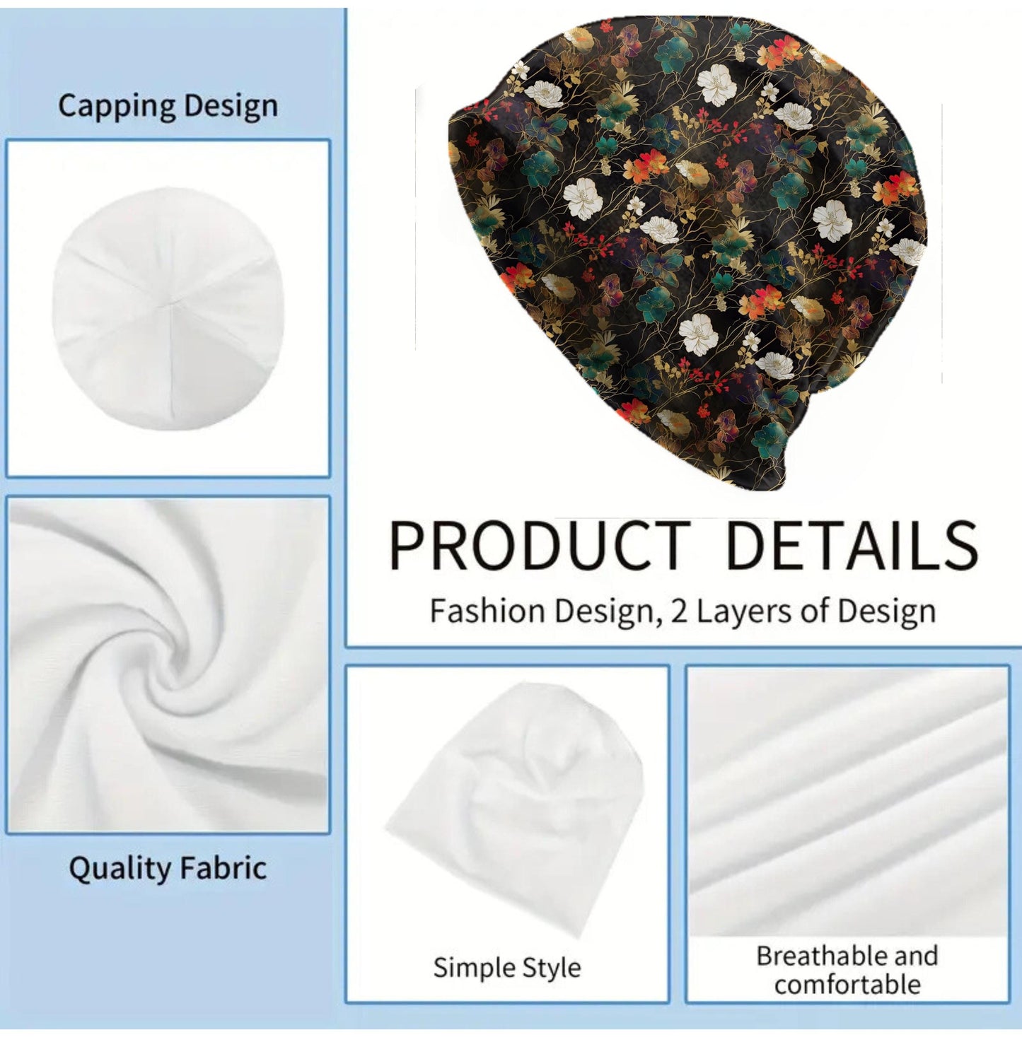 Chiyogami Japanese Floral Slouchy Beanie – Black Gold Blossom Print Hat, Soft Lightweight, Stretch Skull Cap, Elegant Asian Flowers