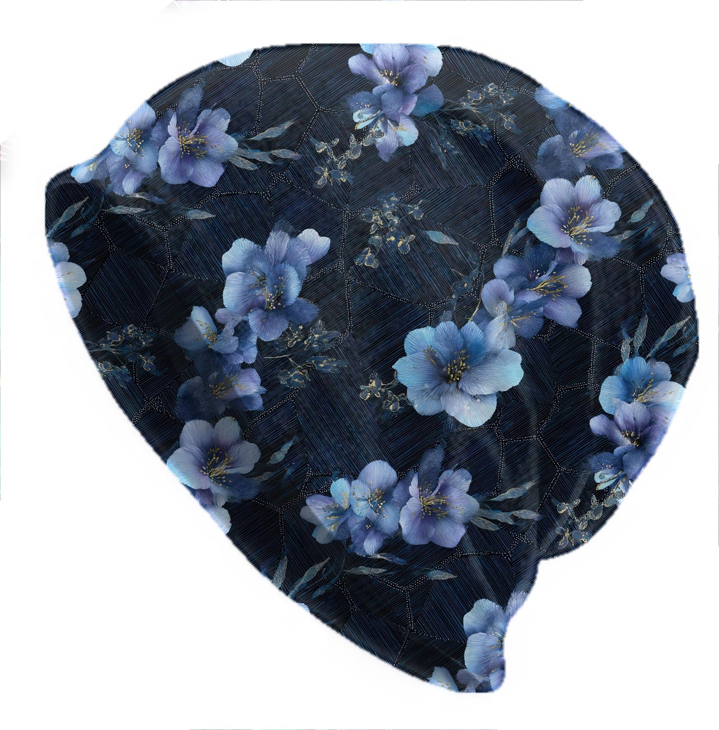 Midnight Indigo Blossom Slouchy Beanie – Dark Blue Floral Skull Cap, Hand-Painted Look Vintage Boho Beanie for Men & Women