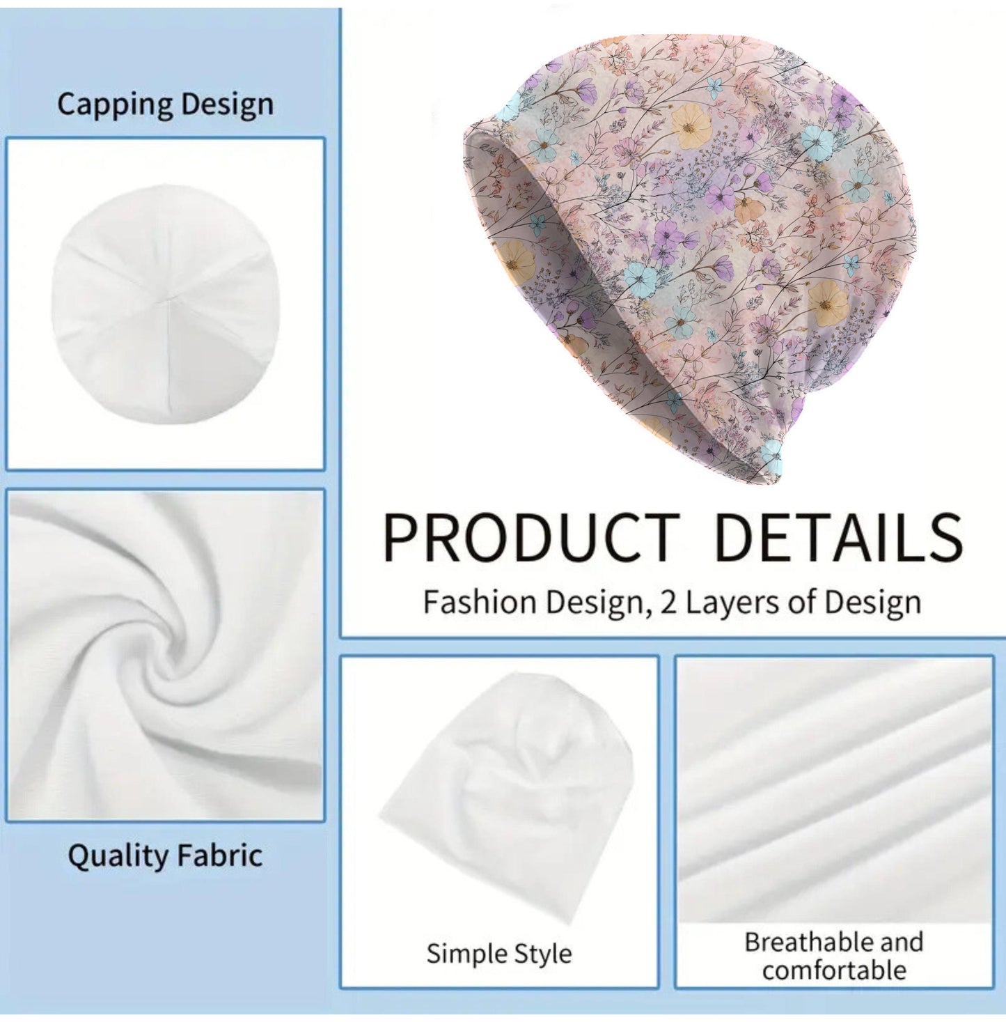 Pastel Meadow Slouchy Beanie – Thin Stretchy Lightweight Skull Cap for Men and Women in Soft Watercolor Wildflowers