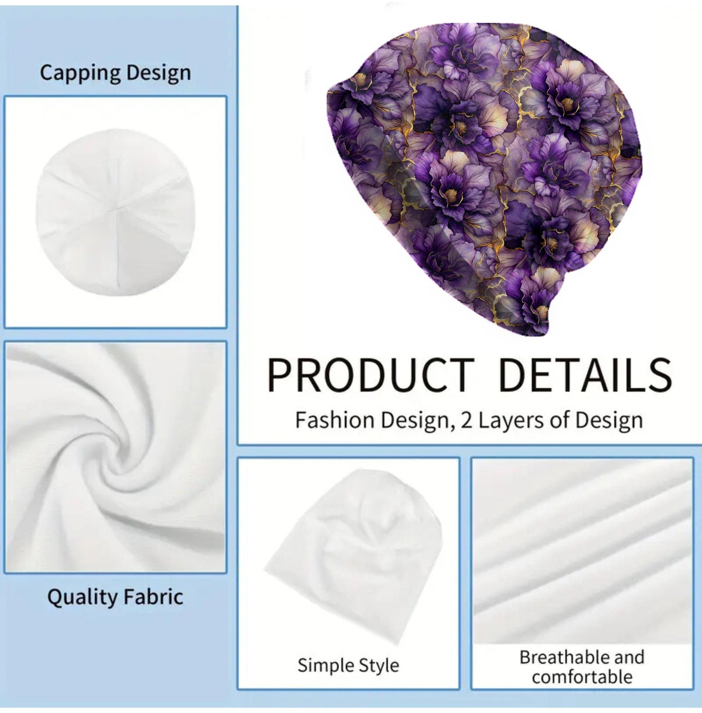 Amethyst Petal Bloom Slouchy Beanie – Thin Stretchy Lightweight Skull Cap for Men and Women in Deep Purple Florals