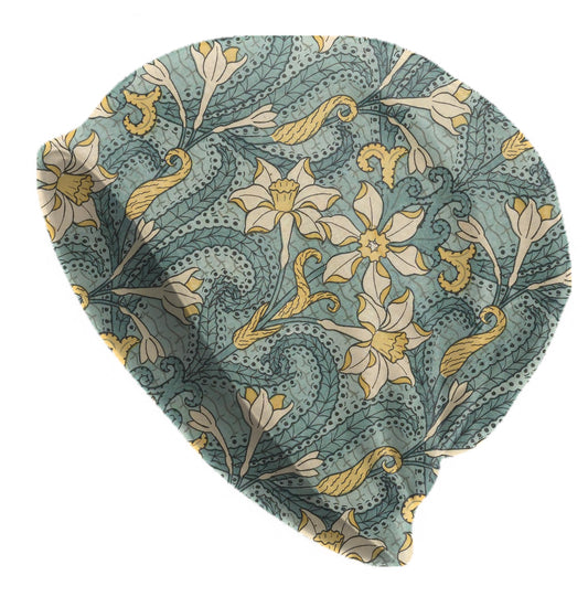 Maurice Pillard Jonquil Art Nouveau Beanie – Vintage Floral Slouch Hat, Teal Yellow Botanical Cap, Soft Lightweight Beanie