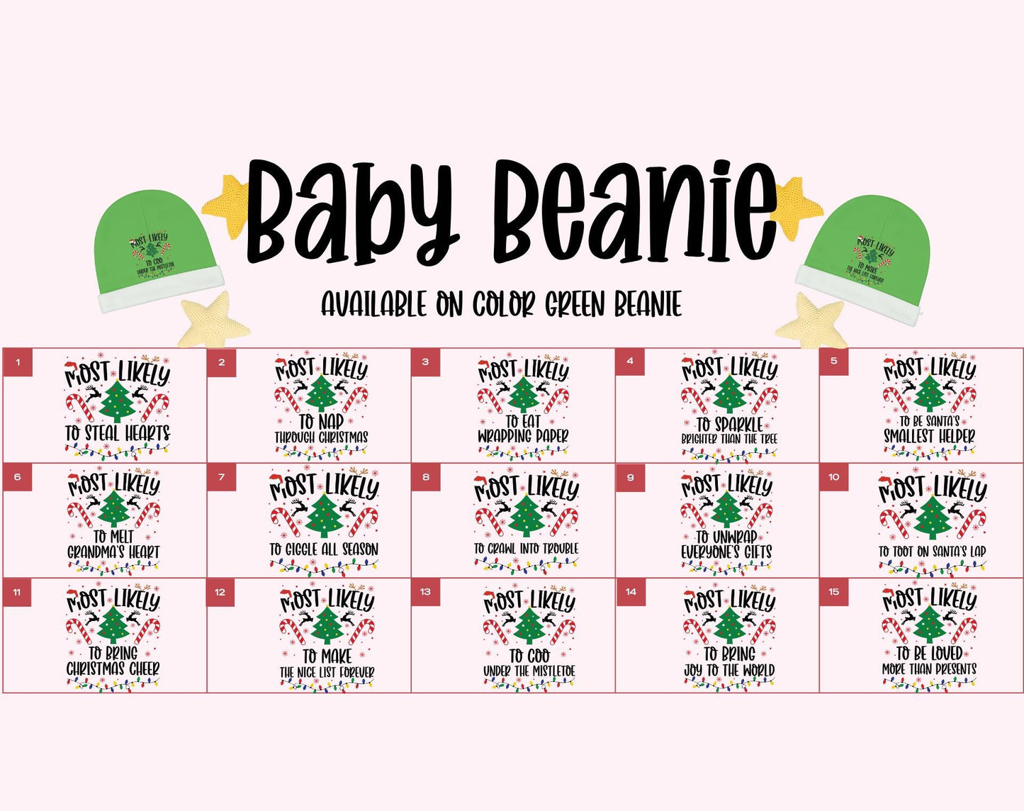 Baby “Most Likely To” Christmas Beanie, Soft Infant Holiday Hat, Cute Funny Newborn Winter Cap – Double-Sided Print, Made to Order 0-6 mo