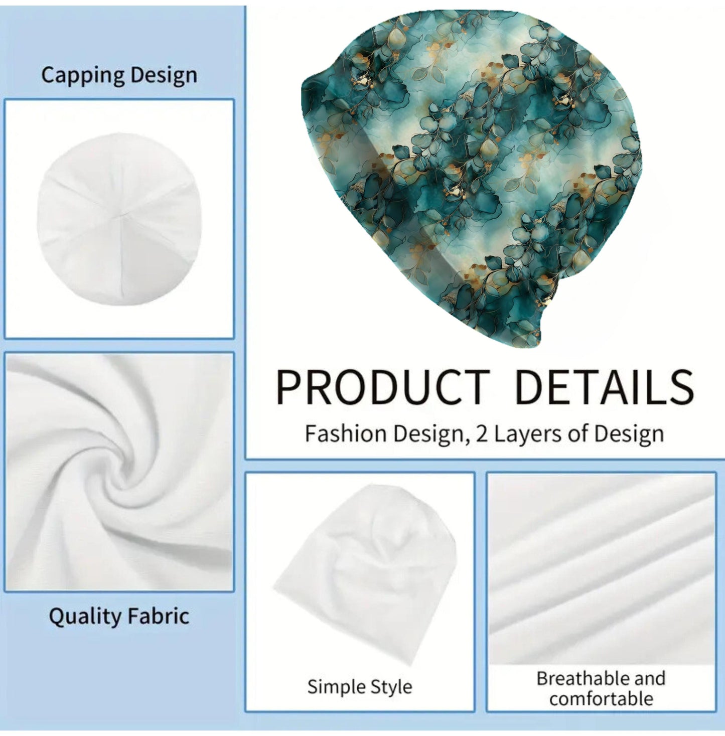 Botanical Vines Slouchy Beanie – Teal Floral Bonnet, Soft Thin Stretchy Skull Cap for Men & Women, Watercolor Nature Print Hat