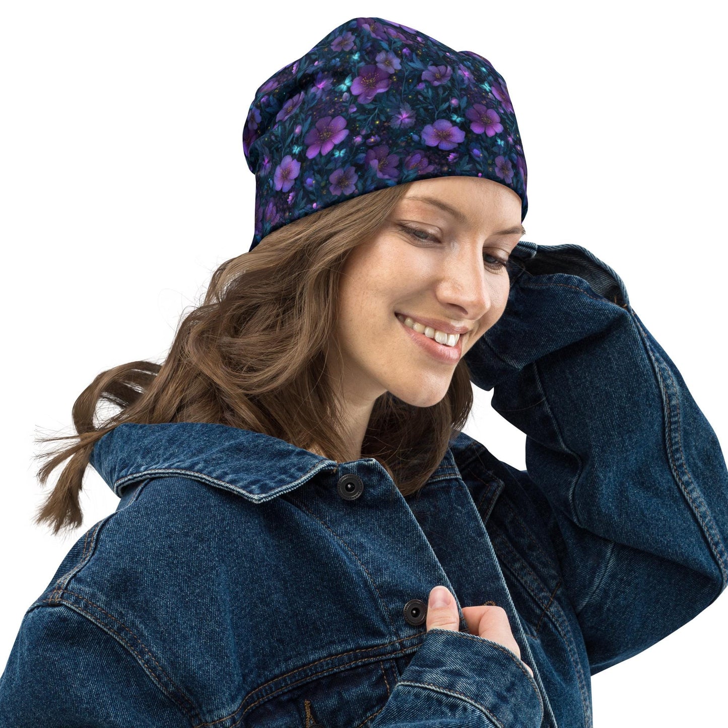Purple Glow Floral Slouchy Beanie – Soft Lightweight Skull Cap, Thin Bonnet Hat for Men & Women, Night Garden Butterfly Pattern