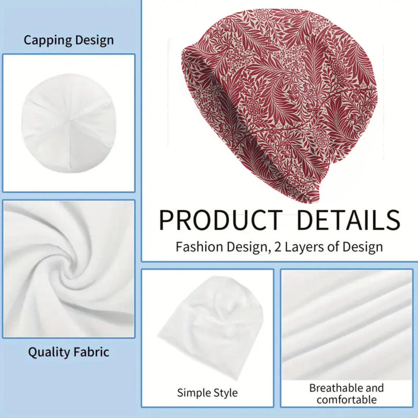 Queen Anne William Morris Beanie – Vintage Red Floral & Bird Slouch Hat, Soft Stretch Cap, Heritage Pattern, Women’s Hat, Men’s Beanie