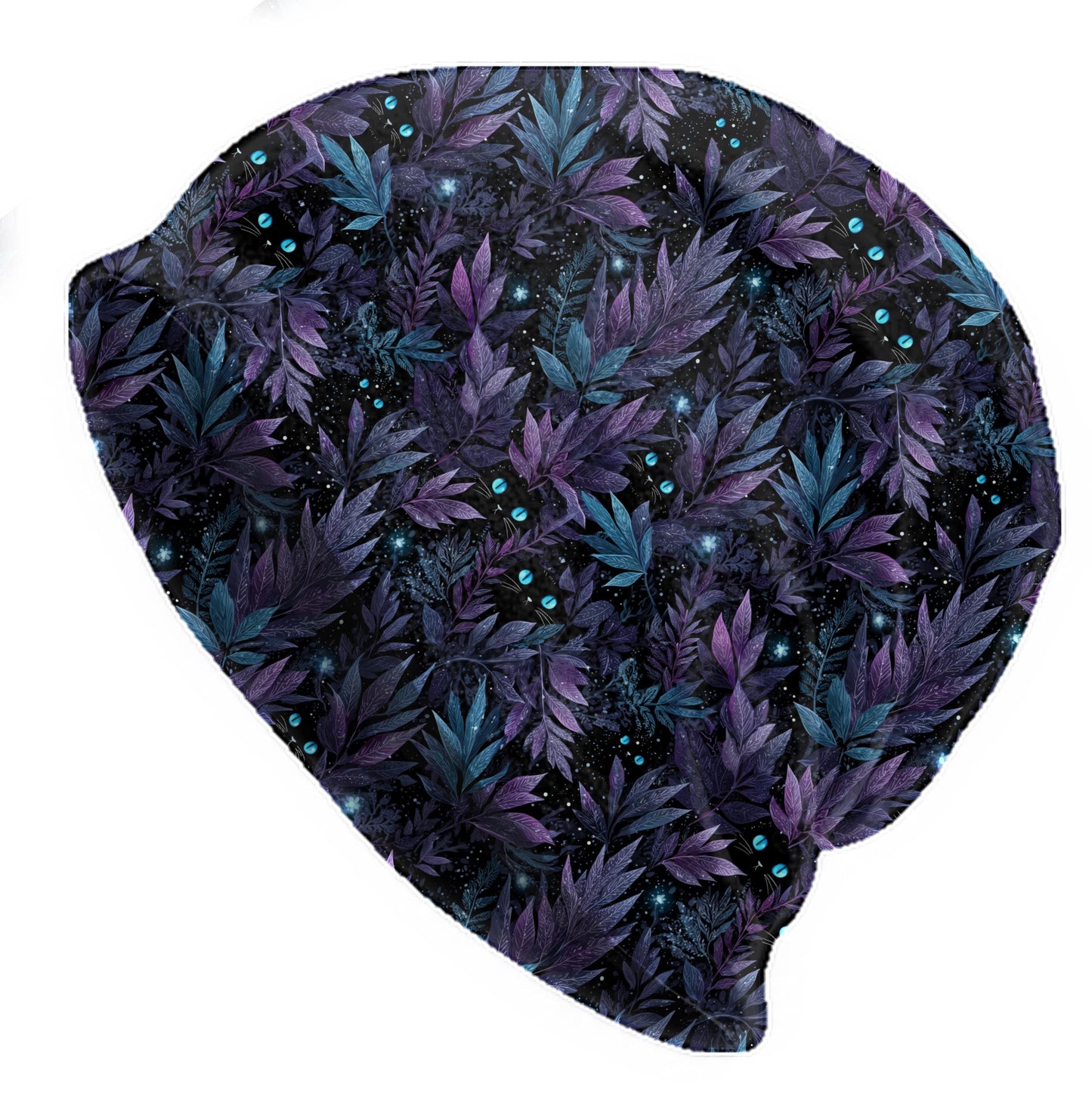 Midnight Cat Foliage Slouchy Beanie – Soft Lightweight Skull Cap, Thin Bonnet Hat for Men & Women, Dark Botanical Pattern with Blue Eyes