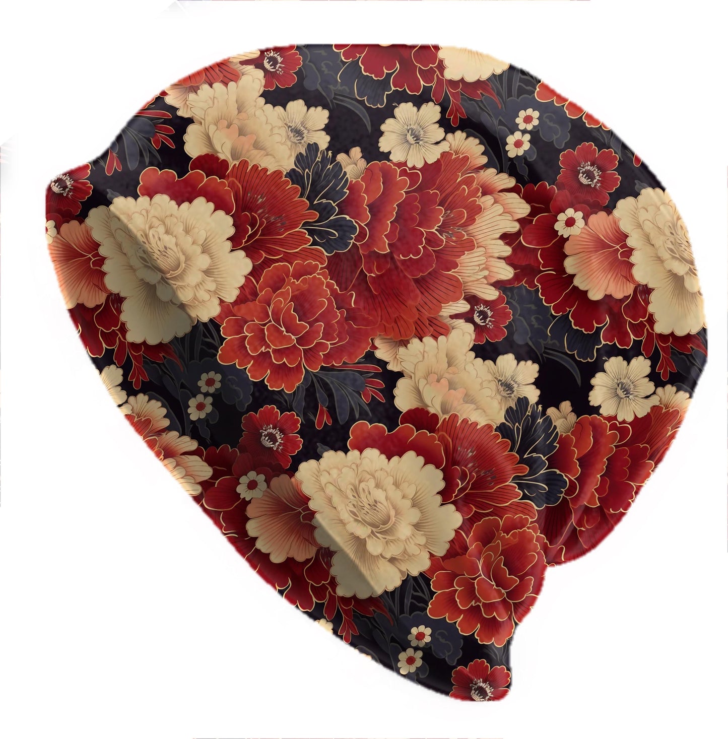 Red & Cream Peony Beanie – Thin Soft Slouchy Hat with Vintage Asian Floral Design – Made to Order Women’s Hat, Men’s Beanie