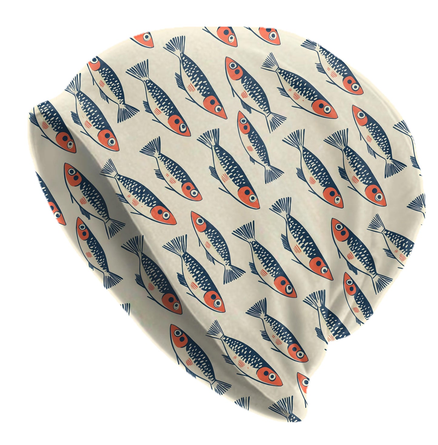 Coral & Navy Fish Print Beanie – Folk Coastal Slouch Hat, Nautical Ocean Skull Cap, Thin Soft Unisex Beach Beanie, Size Up for Slouch Fit