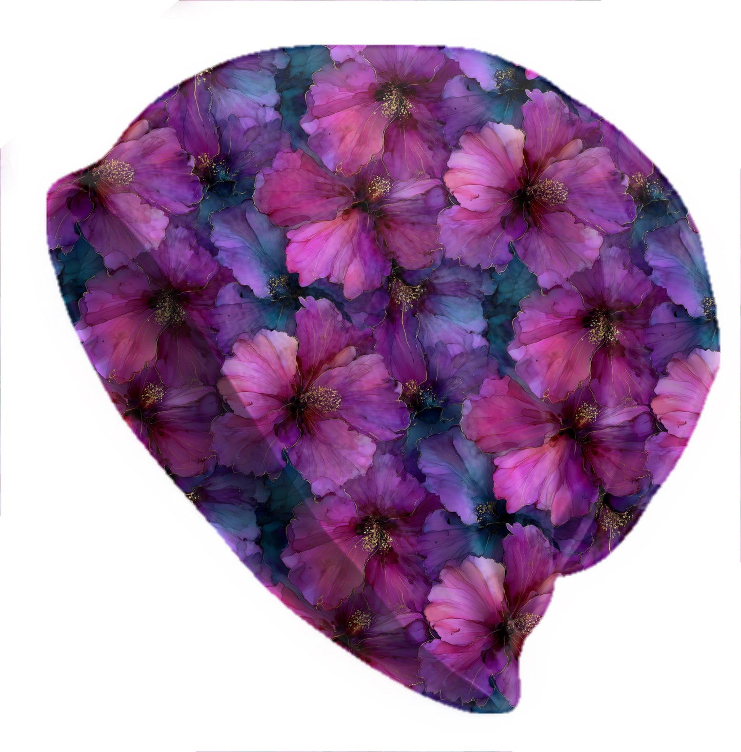 Blooming Hibiscus Slouchy Beanie – Thin Stretchy Unisex Skull Cap for Men & Women, Pink Purple Floral Bonnet, Soft Lightweight Hat