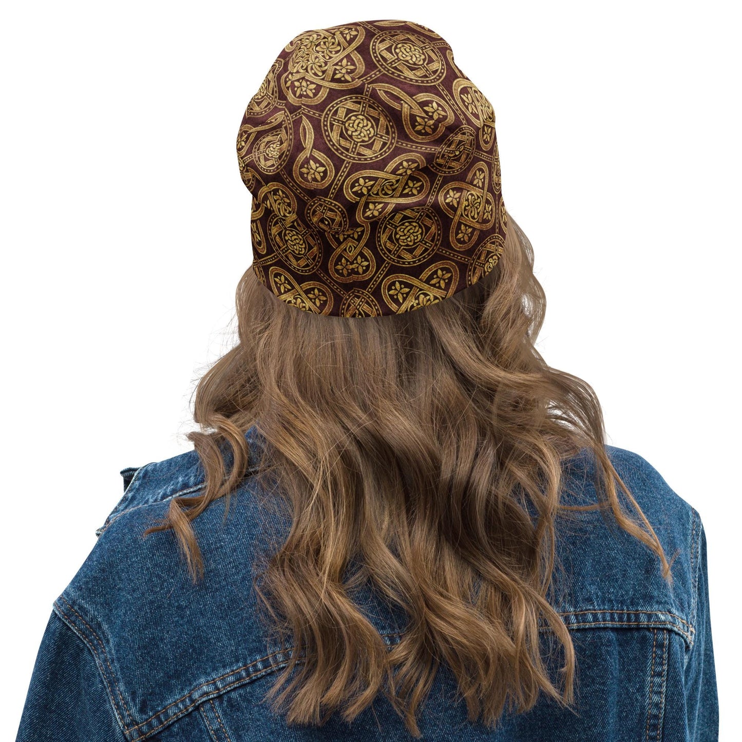 Celtic Burgundy Gold Slouchy Beanie – Thin Lightweight Soft Skull Cap for Men and Women