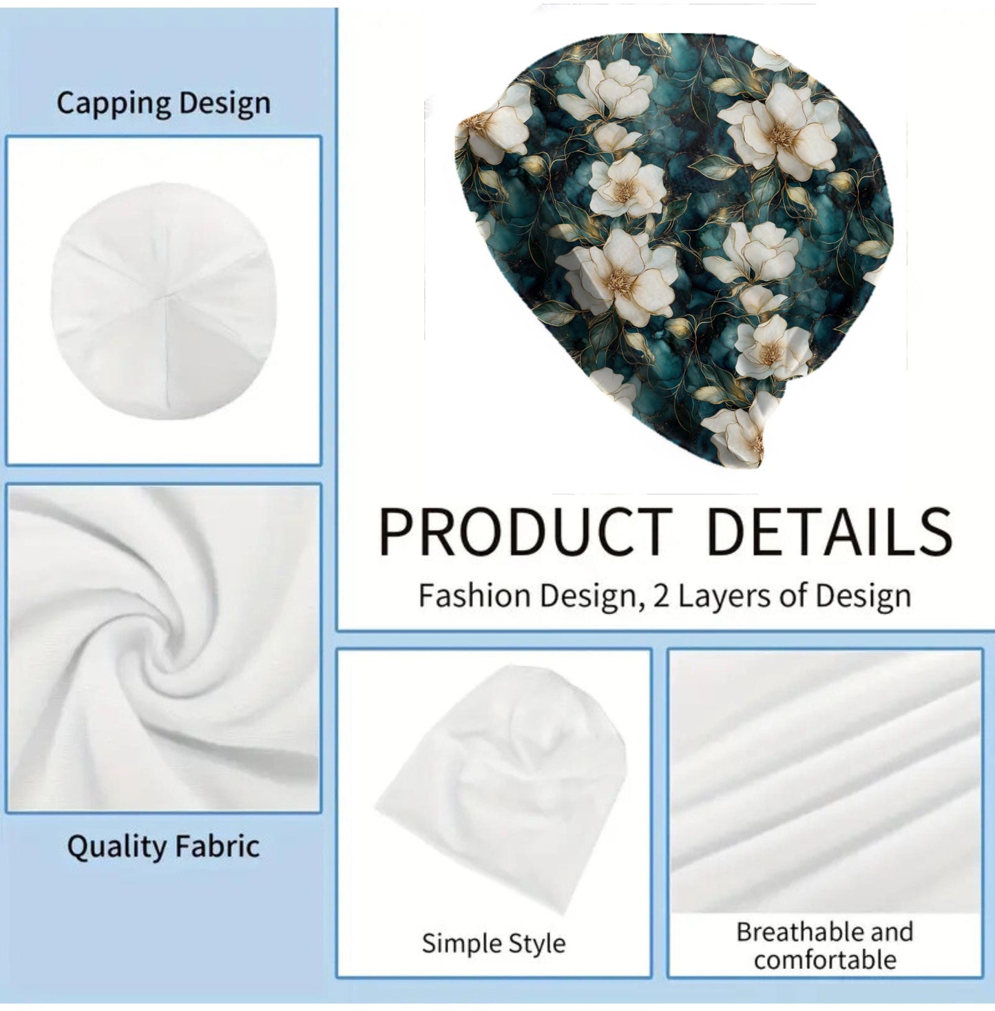 Magnolia Vines Slouchy Beanie – Thin Stretchy Lightweight Skull Cap for Men & Women, Soft Floral Bonnet in Cream Teal Gold