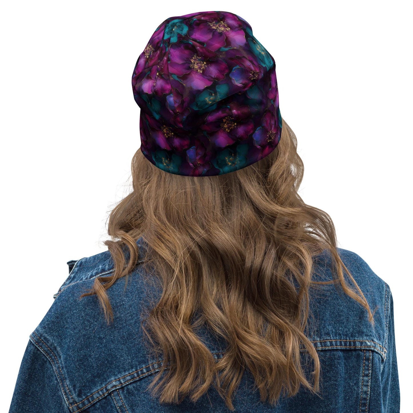 Magenta Fusion Slouchy Beanie – Thin Stretchy Lightweight Skull Cap for Men & Women, Soft Ink Floral Bonnet in Teal Purple Gold