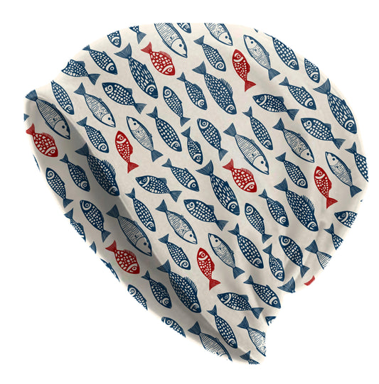 Red & Navy Fish Print Beanie – Folk Coastal Slouch Hat, Nautical Ocean Skull Cap, Thin Soft Unisex Beach Beanie, Maritime Style