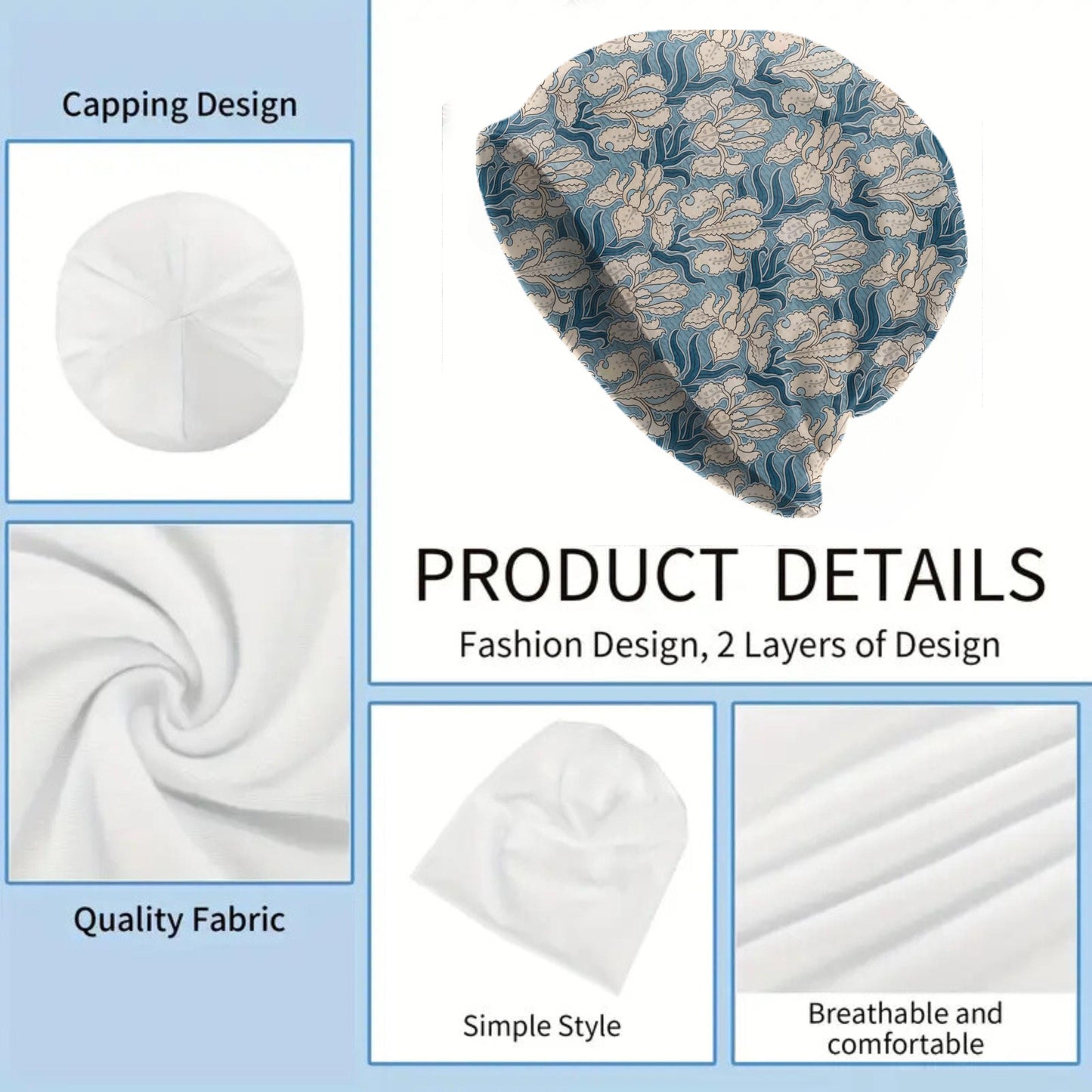 Thin Maurice Pillard Iris Beanie – Vintage Art Nouveau Floral Slouch Hat, Blue Botanical Cap, Soft Lightweight Beanie