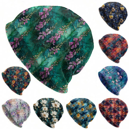 Floral Art Slouchy Beanie – Thin Stretchy Lightweight Skull Cap for Men and Women in Multiple Pattern Options