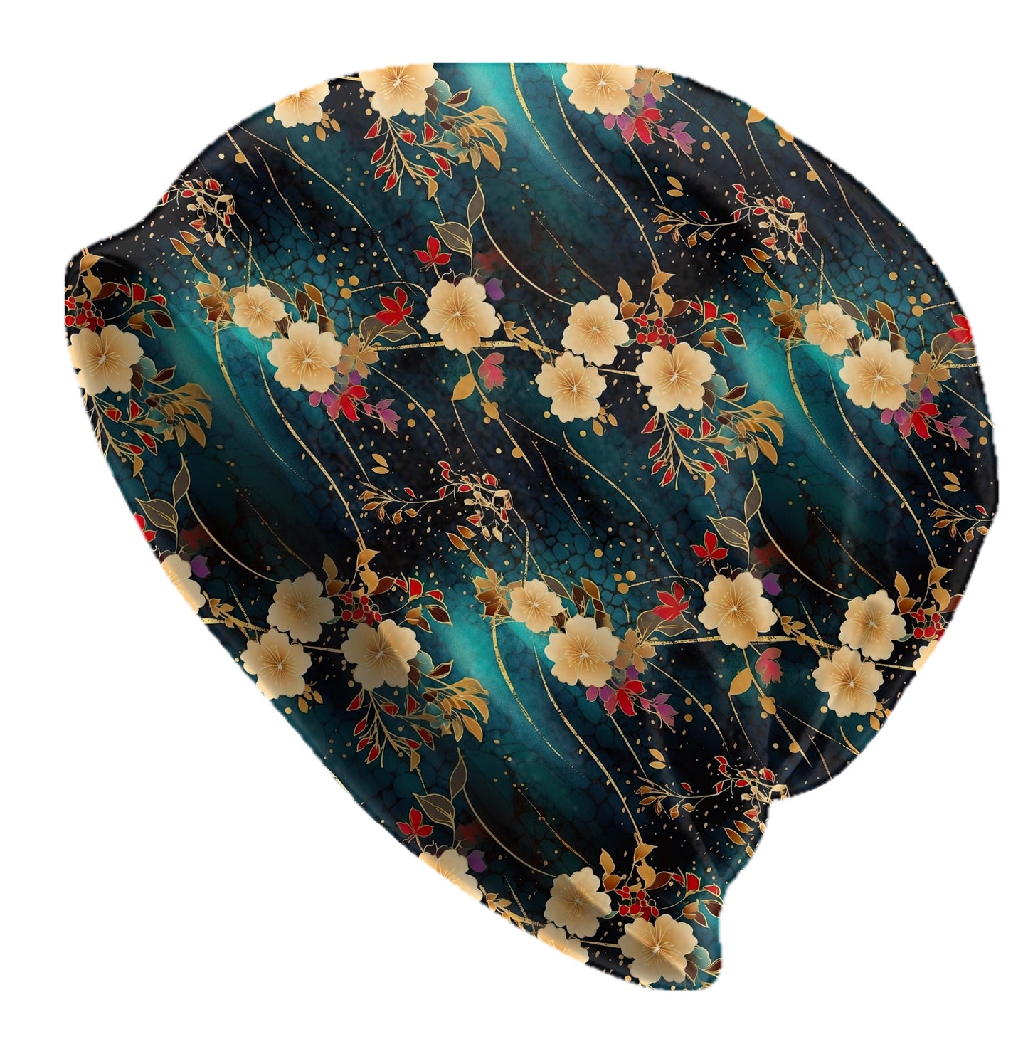 Chiyogami Japanese Floral Slouchy Beanie – Gold Blossom Print, Teal & Black Fine Art Flowers Hat, Lightweight Double-Layer Stretch Skull Cap