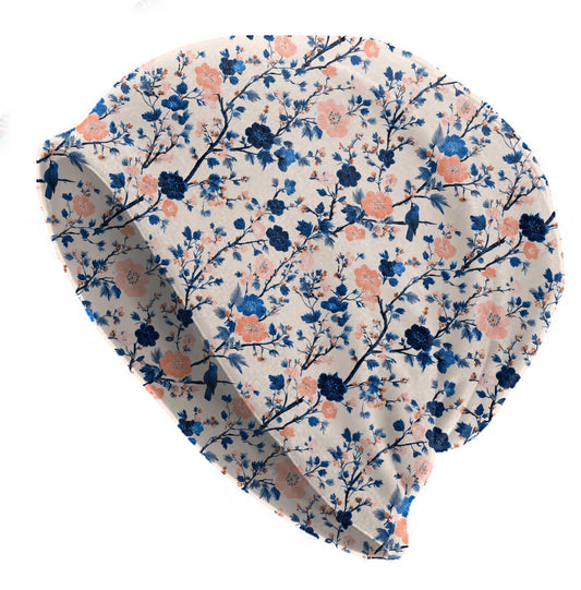 Indigo Blossom Slouchy Beanie – Thin Stretchy Lightweight Skull Cap for Men and Women in Navy and Peach Japanese Floral