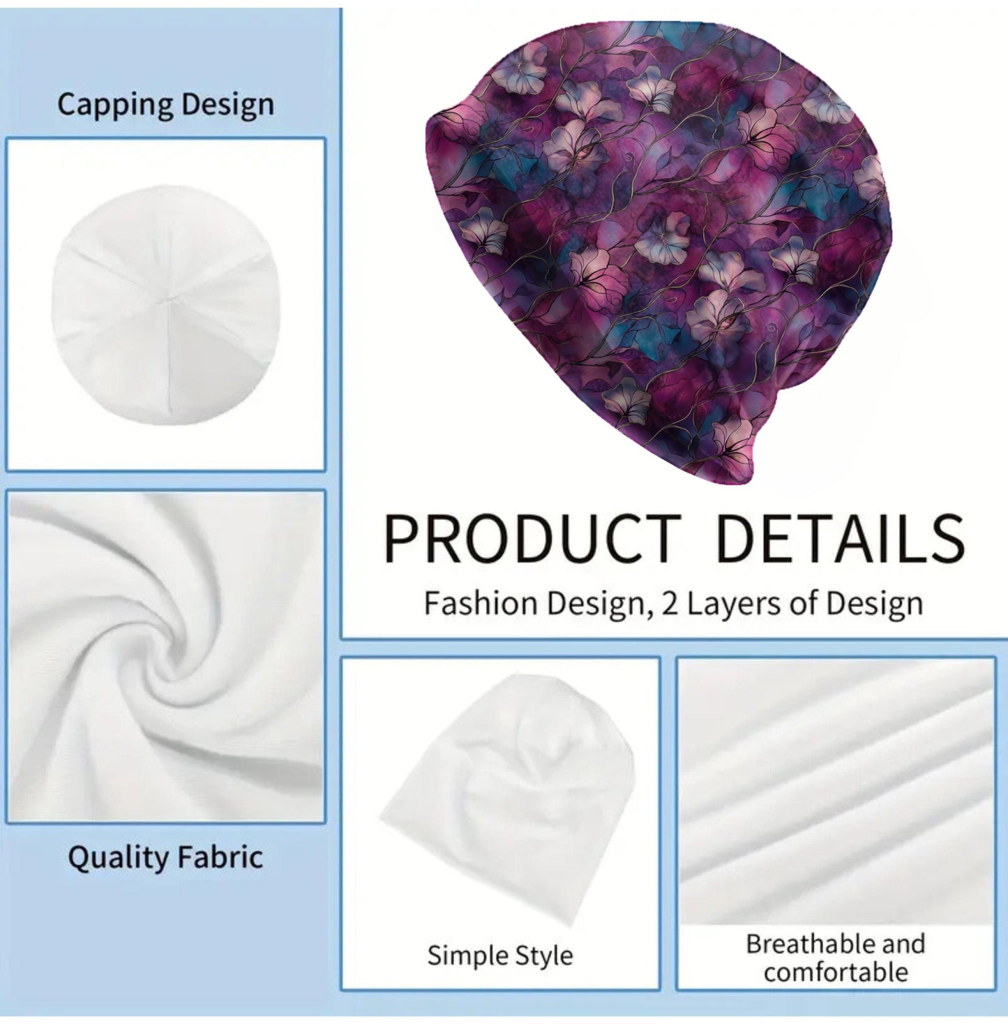 Cascading Plum Flowers Slouchy Beanie – Deep Floral Bonnet, Soft Thin Stretchy Skull Cap for Men & Women, Watercolor Botanical Print