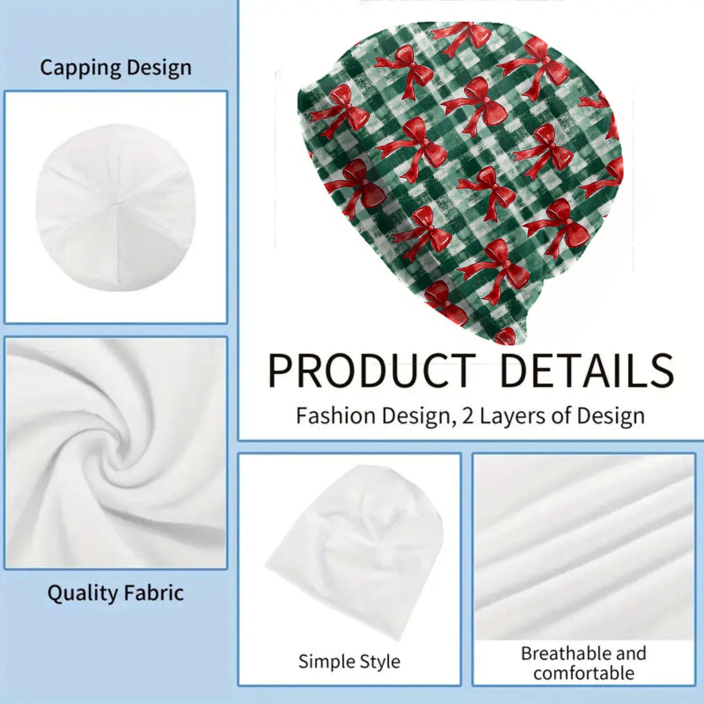 Thin Christmas Beanie, Watercolor Green Gingham Christmas Bow – Soft Slouchy Holiday Hat for Men & Women, Festive Red Ribbon Pattern