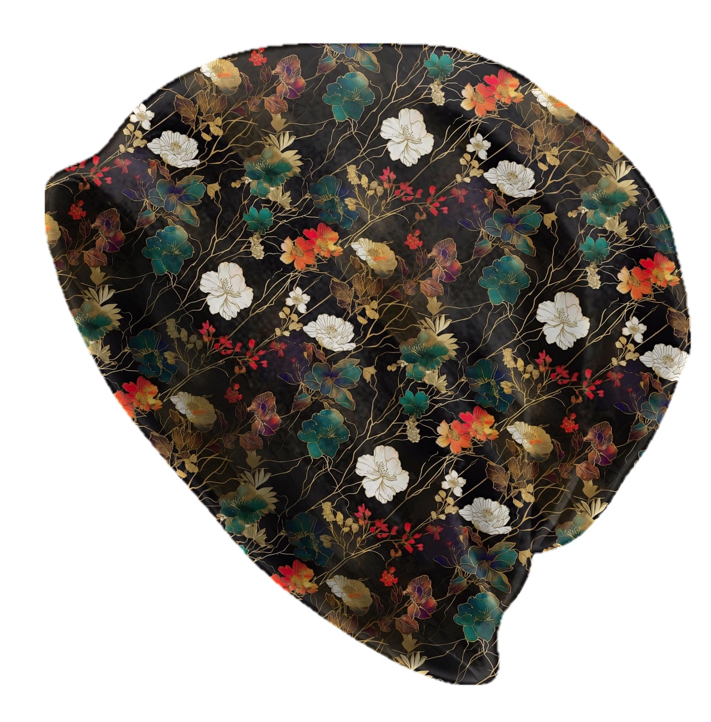 Chiyogami Japanese Floral Slouchy Beanie – Black Gold Blossom Print Hat, Soft Lightweight, Stretch Skull Cap, Elegant Asian Flowers