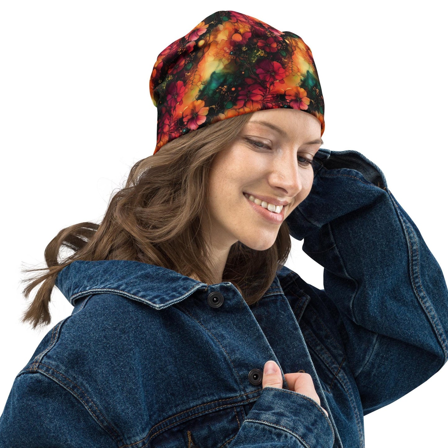 Floral Abstract Slouchy Beanie – Vibrant Botanical Bonnet, Soft Thin Stretchy Skull Cap for Men & Women, Artistic Bloom Print