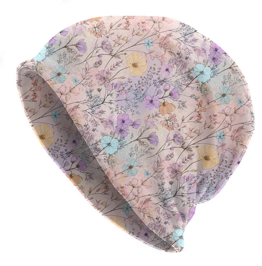 Pastel Meadow Slouchy Beanie – Thin Stretchy Lightweight Skull Cap for Men and Women in Soft Watercolor Wildflowers