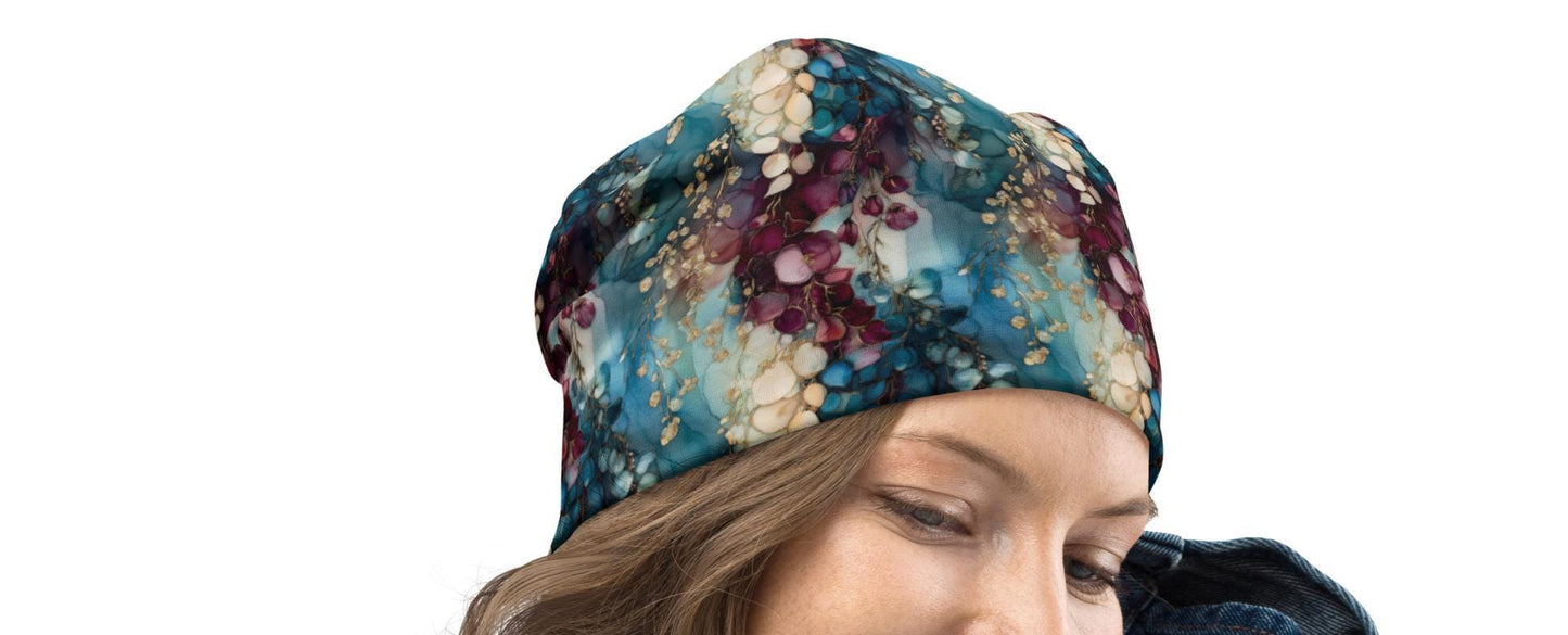 Cobalt Wisteria Slouchy Beanie – Teal Plum Floral Bonnet, Soft Thin Stretchy Skull Cap for Men & Women, Watercolor Botanical Print