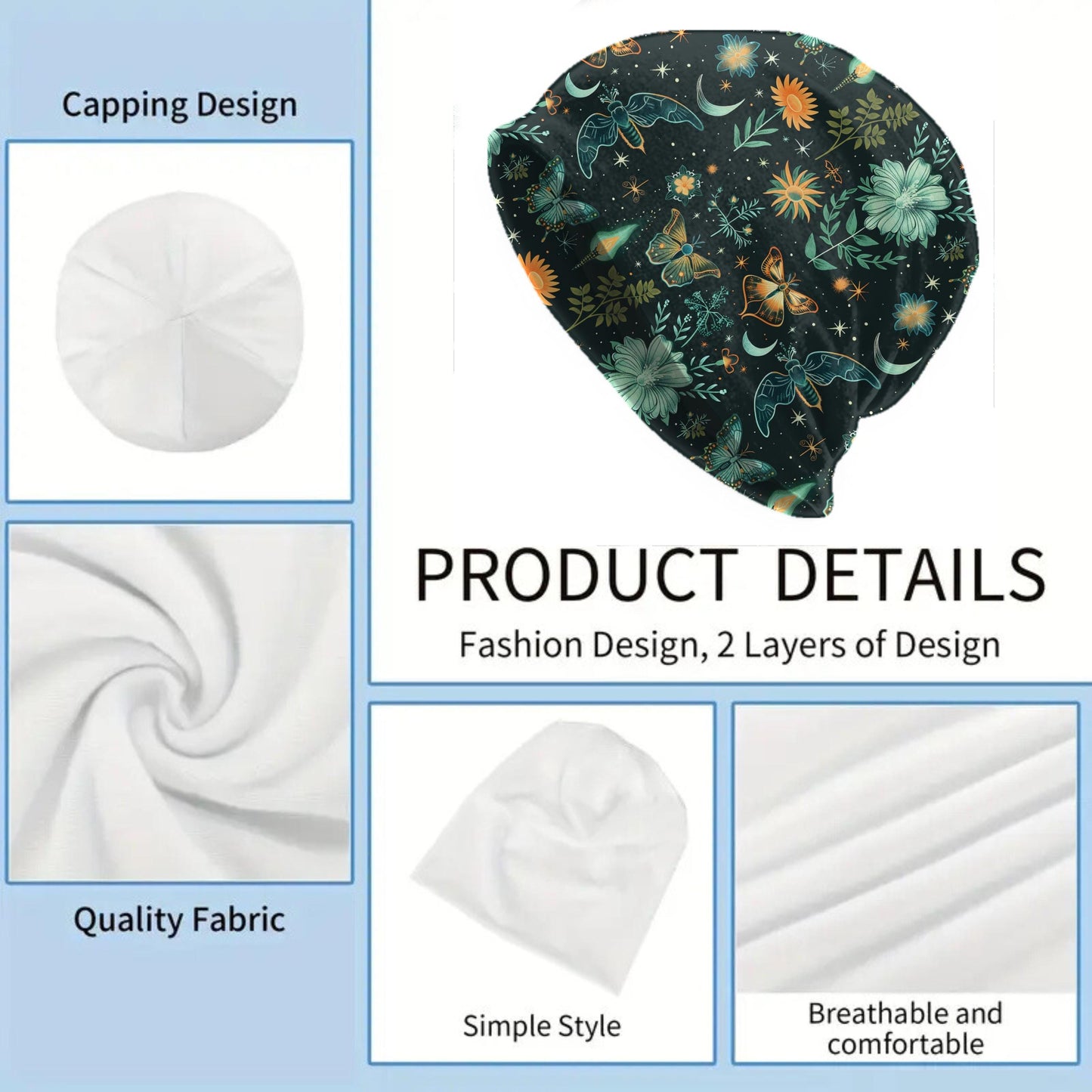 Slouchy Moth Garden Beanie Bonnet – Celestial Skull Cap for Men & Women – Soft Double Layer Thin Night Sky Hat – Spring Fall