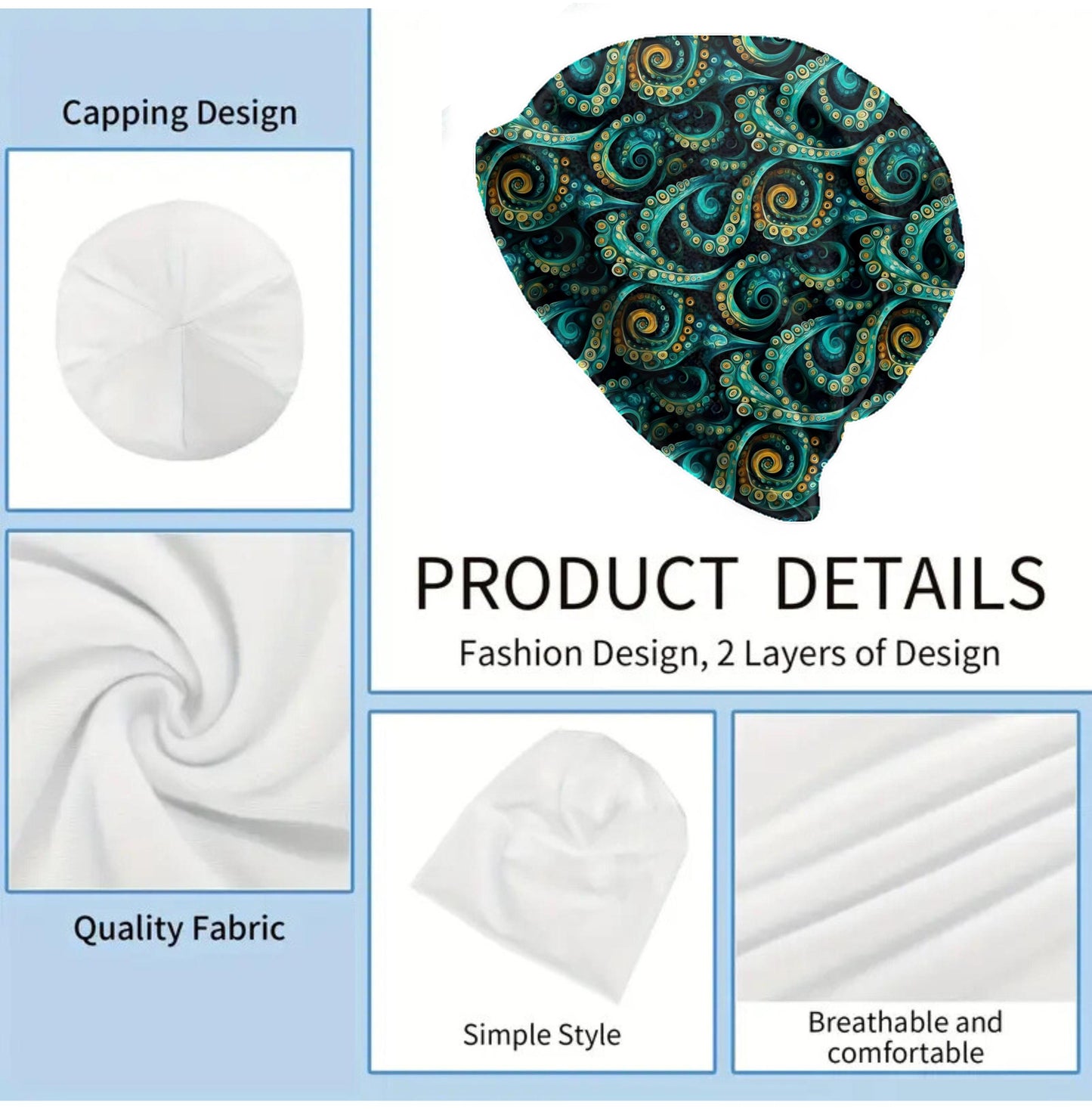 Teal Tentacle Slouchy Beanie – Thin Stretchy Lightweight Skull Cap for Men and Women in Ocean Swirl Pattern