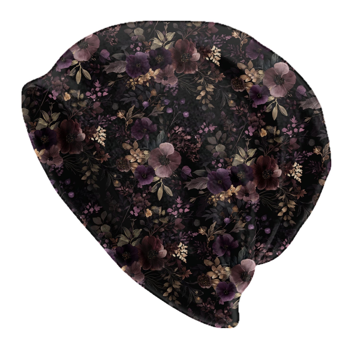 Dark Autumn Garden Slouchy Beanie – Plum & Mauve Floral Bonnet, Soft Thin Stretchy Skull Cap for Men and Women, Moody Botanical Print