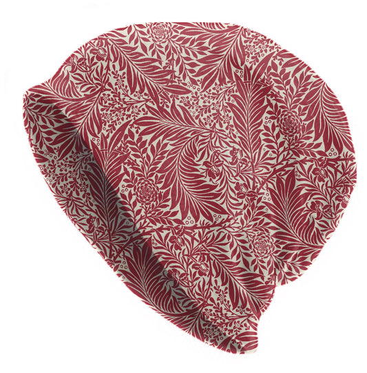 Red Larkspur William Morris Floral Beanie – Vintage Botanical Slouch Hat, Thin Soft Cap, Cottagecore Print, Women’s Hat, Men’s Beanie