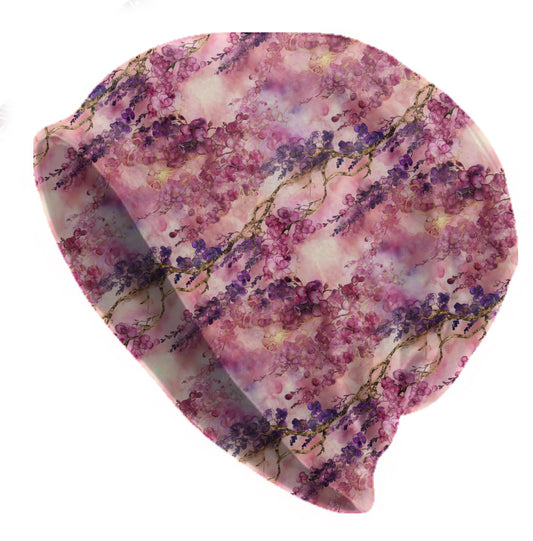 Pink Wisteria Blossom Slouchy Beanie – Thin Stretchy Lightweight Skull Cap for Men & Women in Soft Pink and Purple Cascading Florals