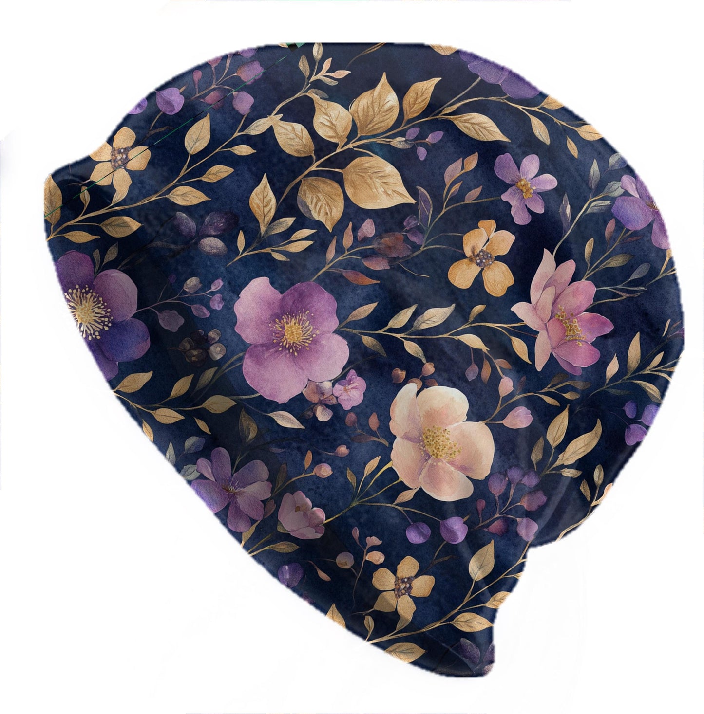 Floral Navy Slouchy Beanie – Purple & Gold Botanical Skull Cap, Hat for Men & Women