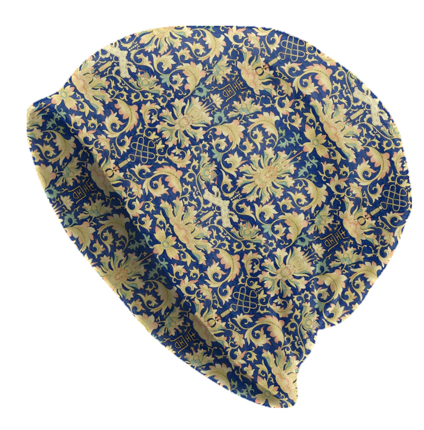 Royal Blue Lotus Beanie – Oriental Floral Pattern Hat, Vintage Asian Inspired Print Cap, Soft Lightweight Unisex Beanie