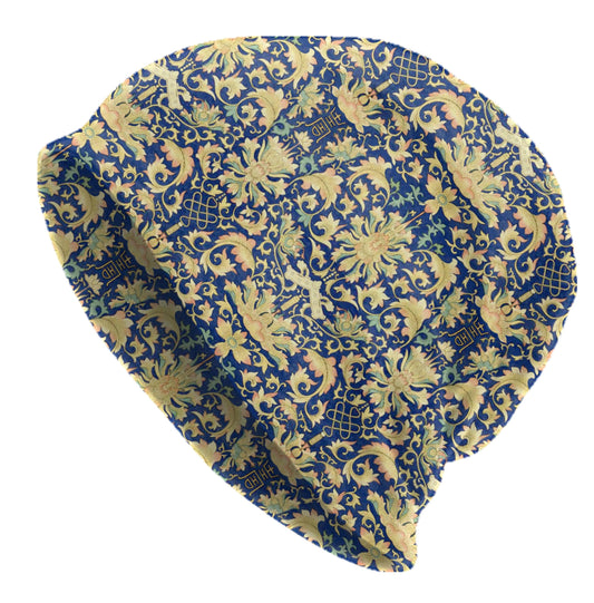 Royal Blue Lotus Beanie – Oriental Floral Pattern Hat, Vintage Asian Inspired Print Cap, Soft Lightweight Unisex Beanie