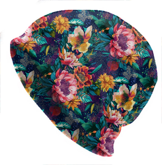 Maximalist Floral Slouchy Beanie – Thin Stretchy Lightweight Skull Cap for Men & Women, Bold Colorful Botanical Bonnet