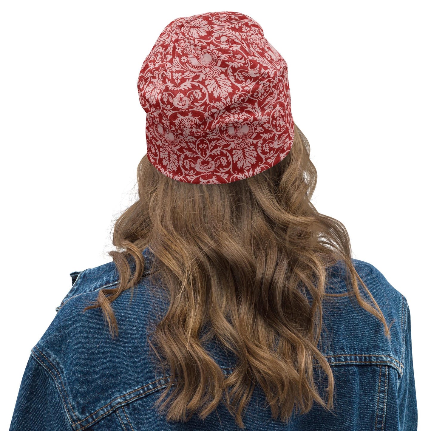 Queen Anne William Morris Beanie – Vintage Red Floral & Bird Slouch Hat, Soft Stretch Cap, Heritage Pattern, Women’s Hat, Men’s Beanie