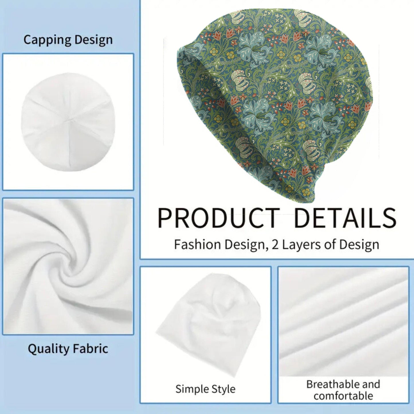 Golden Lily William Morris Beanie – Thin Soft Slouchy Arts & Crafts Floral Hat – Made to Order Women’s Hat, Mens Beanie