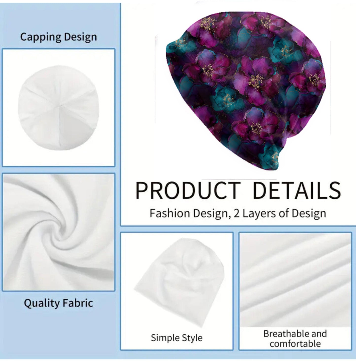 Magenta Fusion Slouchy Beanie – Thin Stretchy Lightweight Skull Cap for Men & Women, Soft Ink Floral Bonnet in Teal Purple Gold