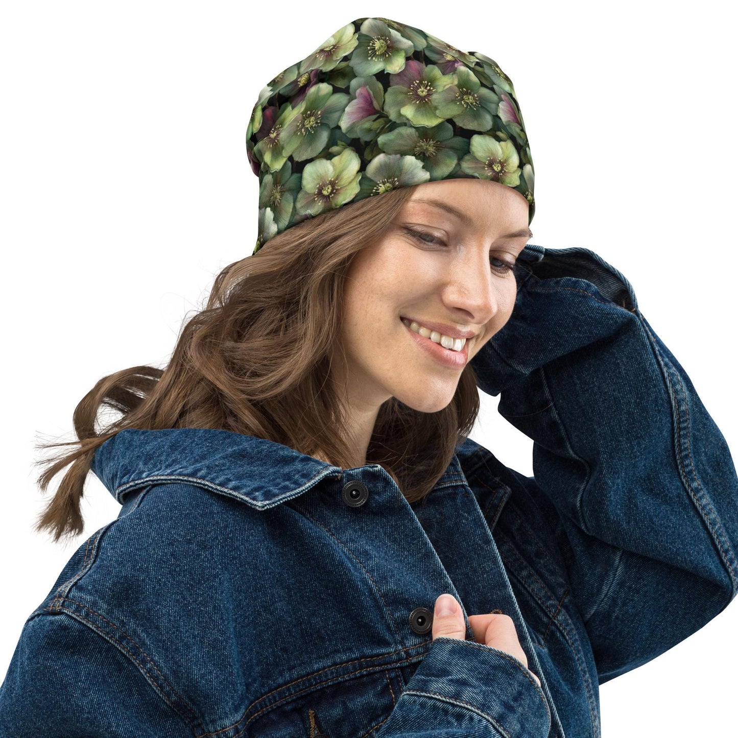 Sage Hellebore Slouchy Beanie – Thin Stretchy Lightweight Skull Cap for Men and Women in Soft Green Petals