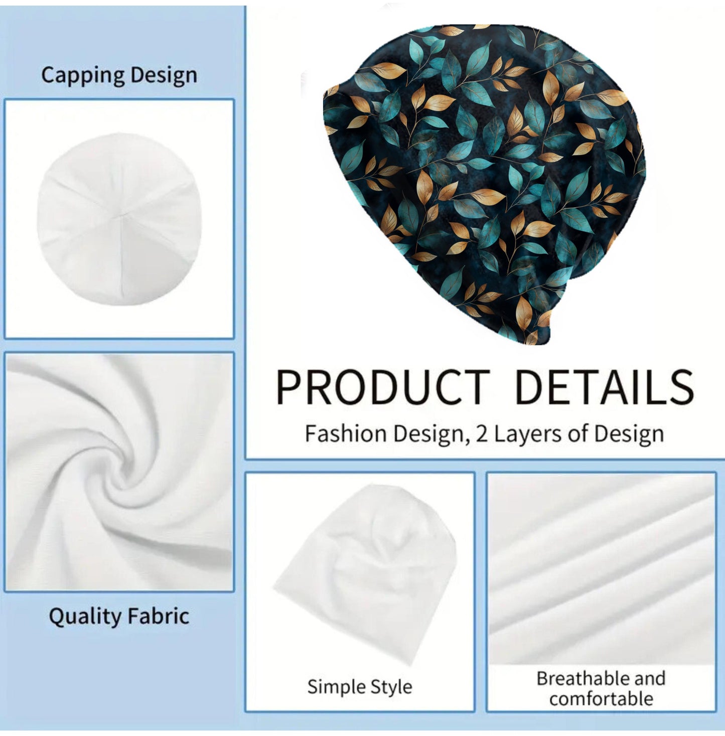 Teal Copper Leaf Slouchy Beanie Soft Double Layer Thin Skull Cap for Men and Women Botanic Teal Gold Pattern Hat