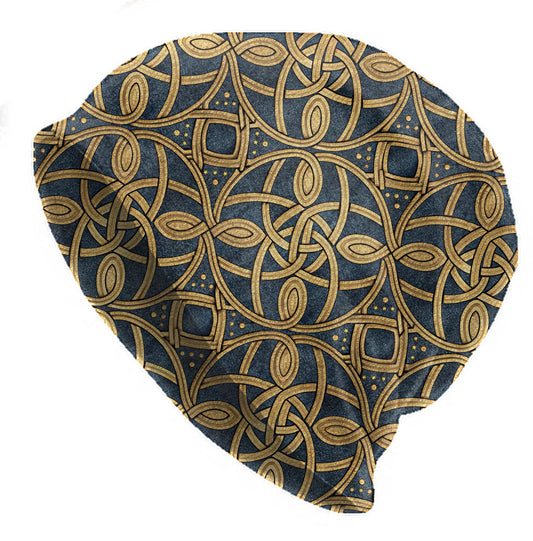 Celtic Knotwork Slouchy Beanie – Thin Stretchy Lightweight Skull Cap for Men and Women in Navy Blue and Gold